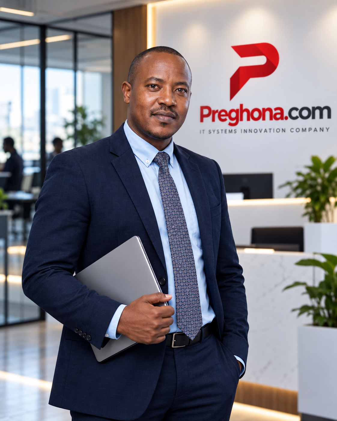 Preghona executive standing in a modern office